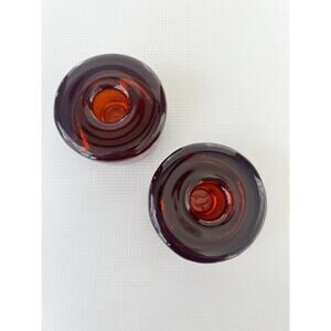 Vintage MCM Blenko Glass Candle Holder Round Taper Reddish Amber Root Beer Heavy